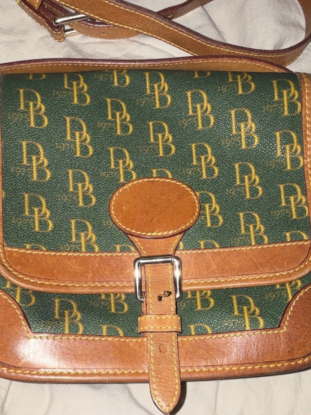 Vintage Dooney & Bourke Green Monogram Messenger with Tan Trim